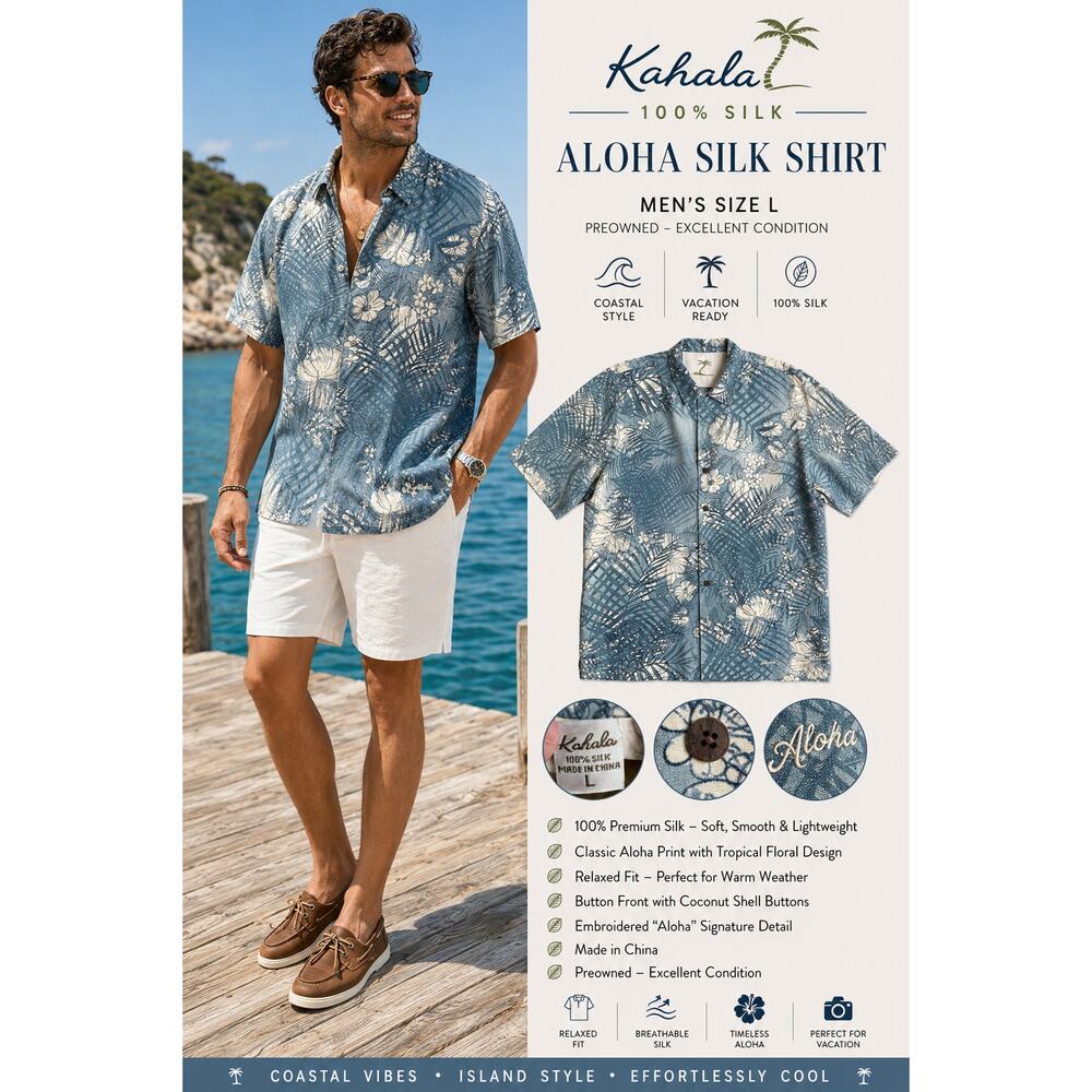 Kahala 100% Silk Hawaiian Aloha Shirt Mens L Blue Tropical Camp Shirt